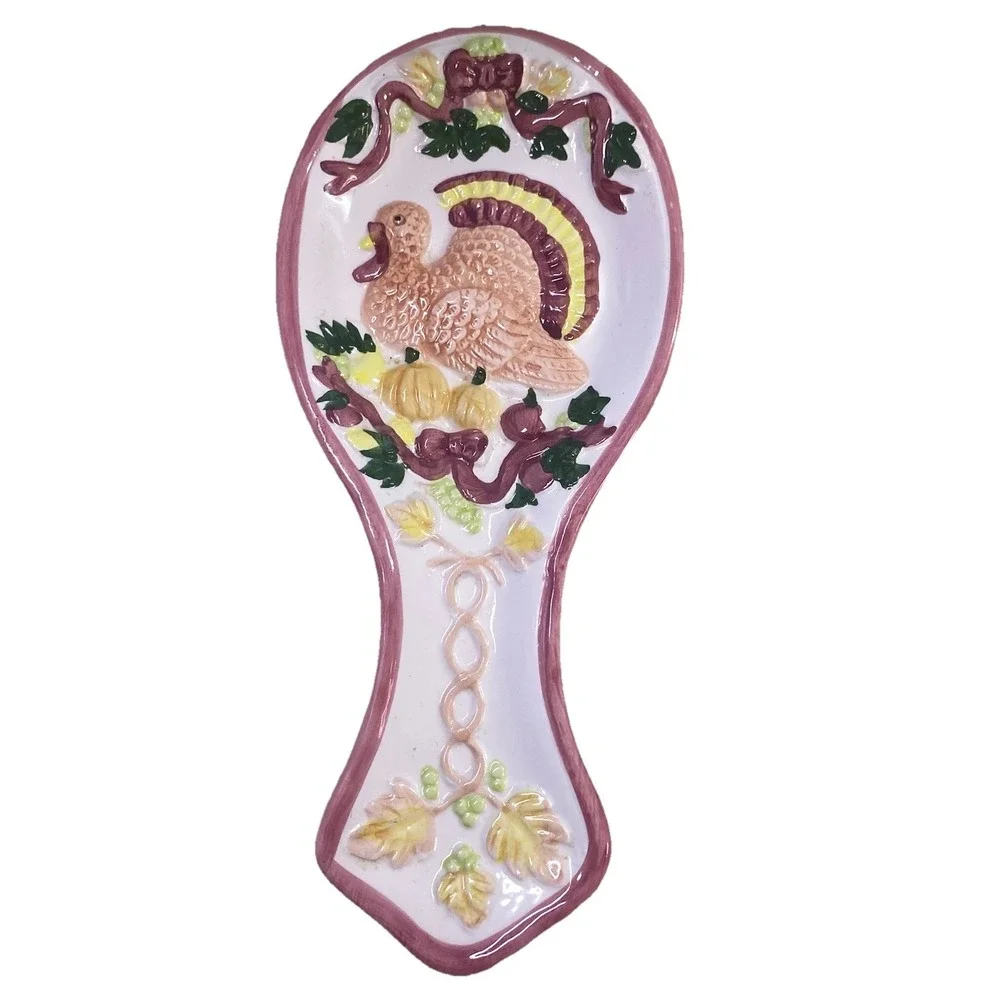 Vintage‎ 1998 Thanksgiving Turkey Pumpkins Fall Trivet&Spoon Rest Ceramic Glossy